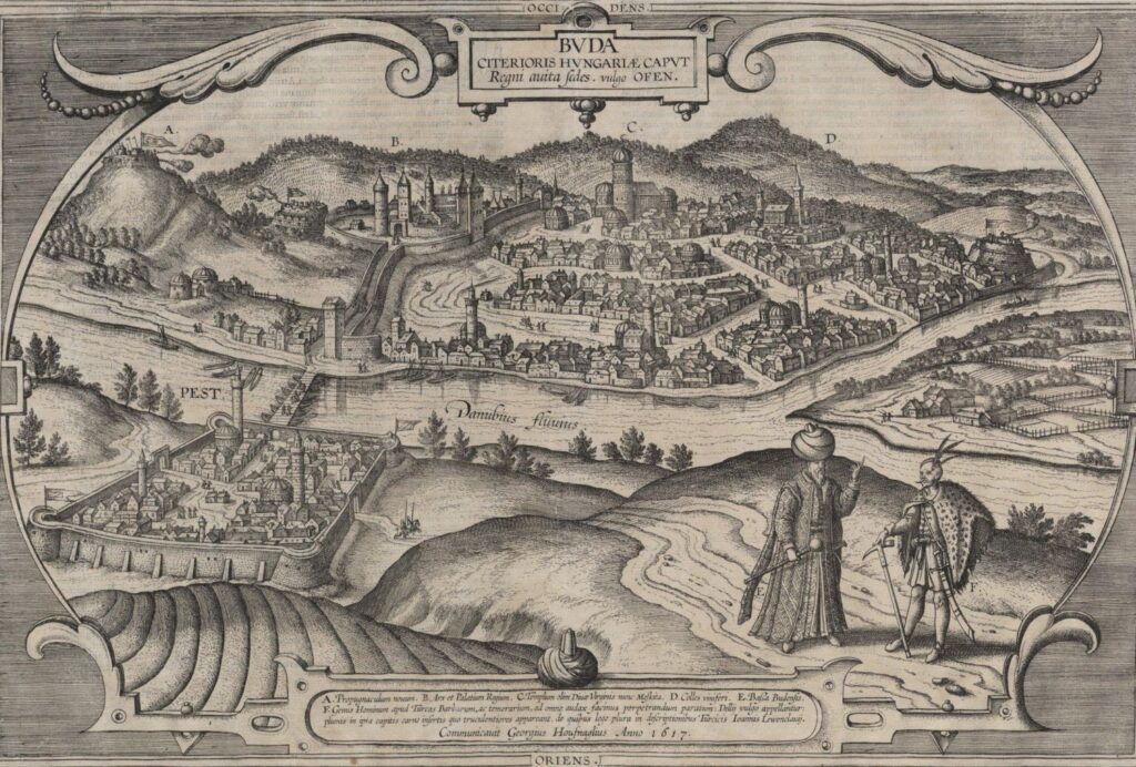 Buda és Pest látképe, rézkarc, 1618. Madártávlati kép kelet felől. Az előtérben a jobb oldalon a budai pasa és egy török harcos. Forrás: Országos Széchényi Könyvtár, Régi Nyomtatványok Tára