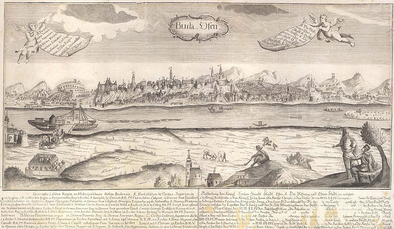Buda látképe egy 1761-es rézmetszeten, Wikimedia Commons.