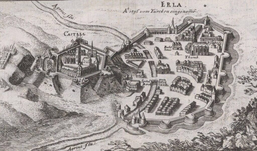 Eger, látkép, 1664, rézkarc. Forrás: Országos Széchényi Könyvtár, Régi Nyomtatványok Tára